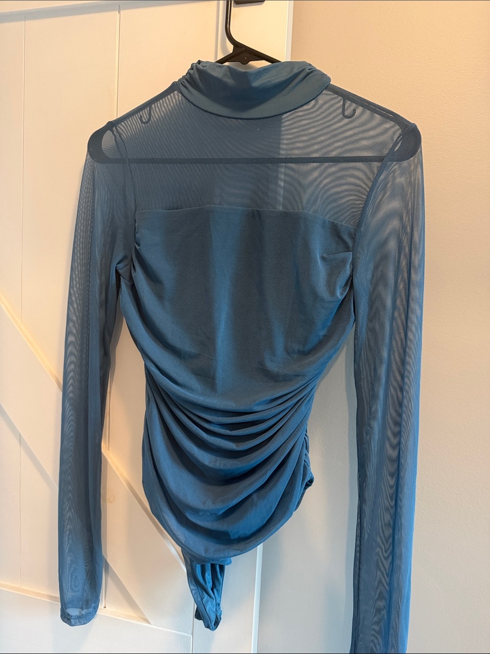Blue Long-Sleeve Sheer Mesh Ruched Bodysuit